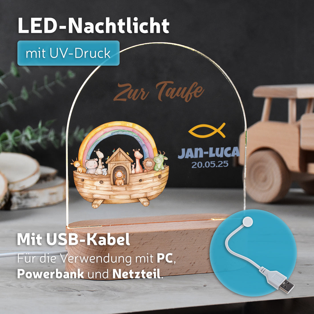 Nachtlicht UV Druck mit USB Kabel mit Motiv Arche Noah zur Taufe