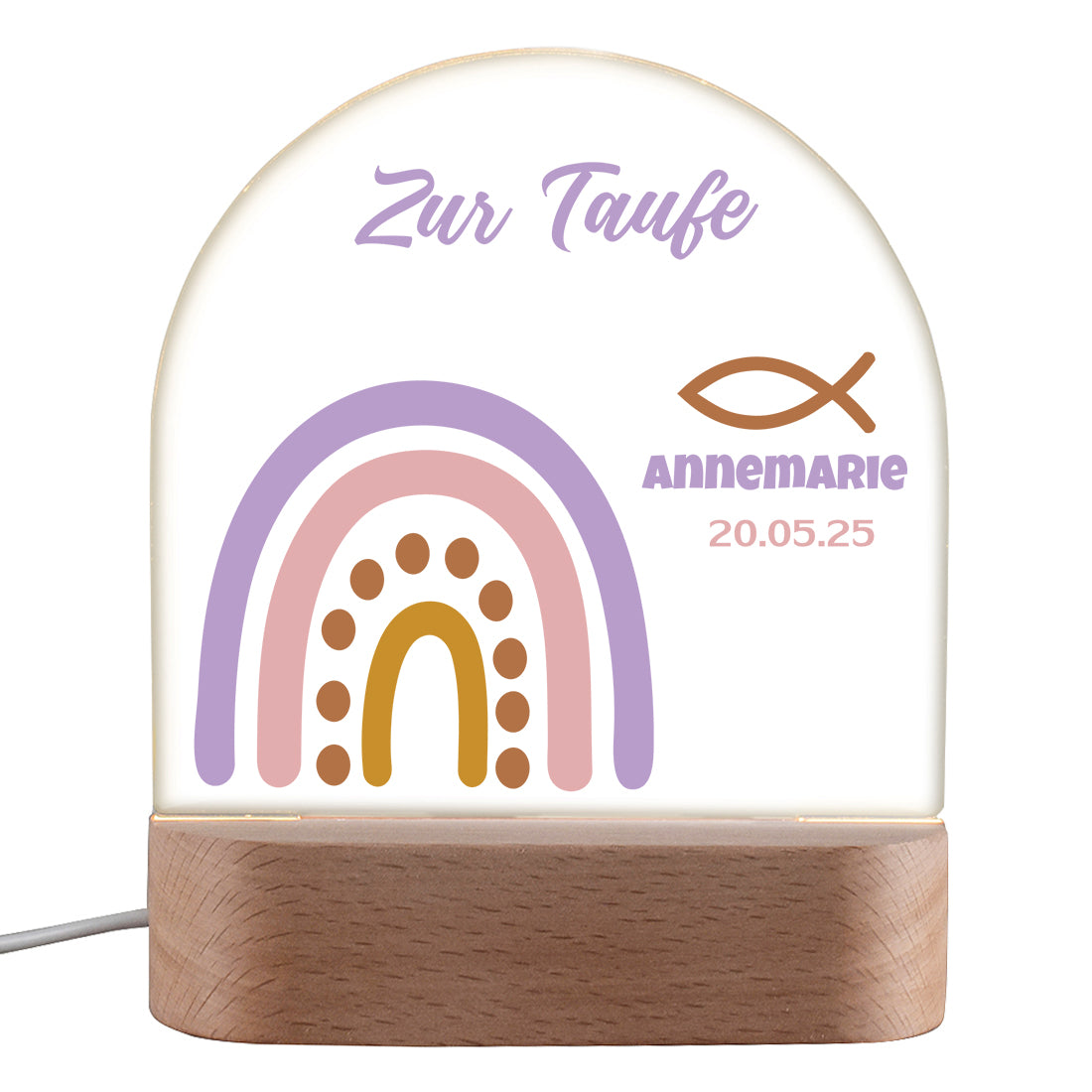 Personalisiertes LED Nachtlicht für Kinder mit Motiv Boho-Regenbogen zur Taufe
