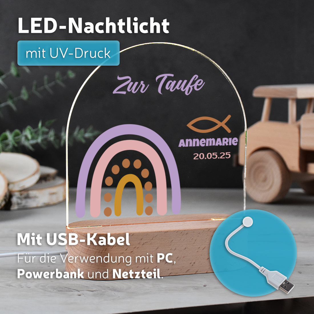 Personalisiertes Nachtlicht leuchtend mit Wunschmotiv Boho-Regenbogen zur Taufe
