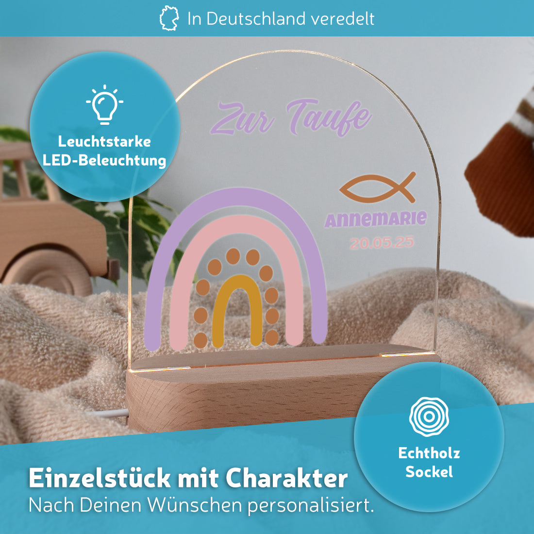 LED-Kinderzimmerlampe auf Echtholz-Sockel mit Motiv Boho-Regenbogen zur Taufe
