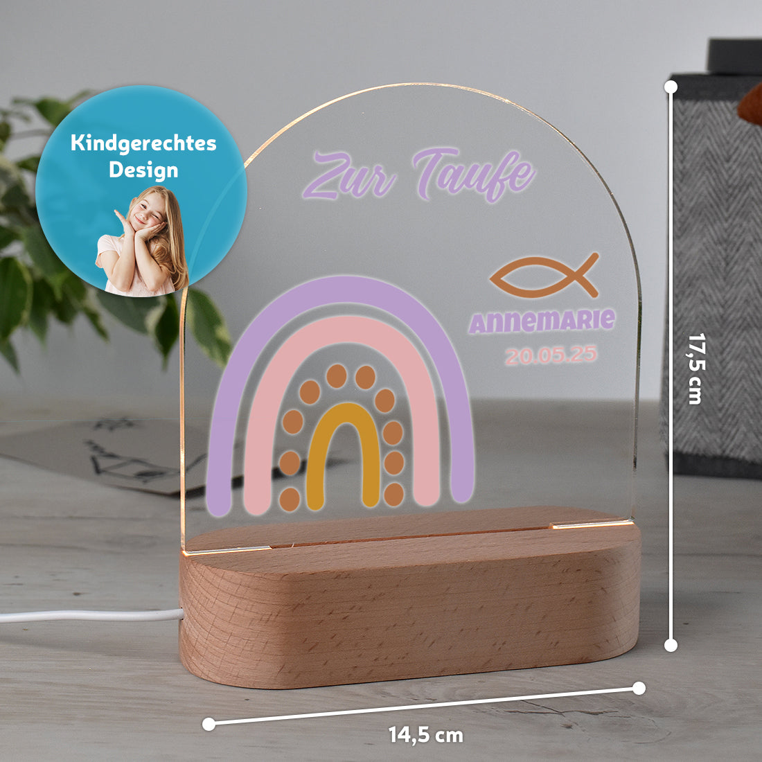 Personalisiertes Nachtlicht Größenangabe mit Motiv Boho-Regenbogen zur Taufe