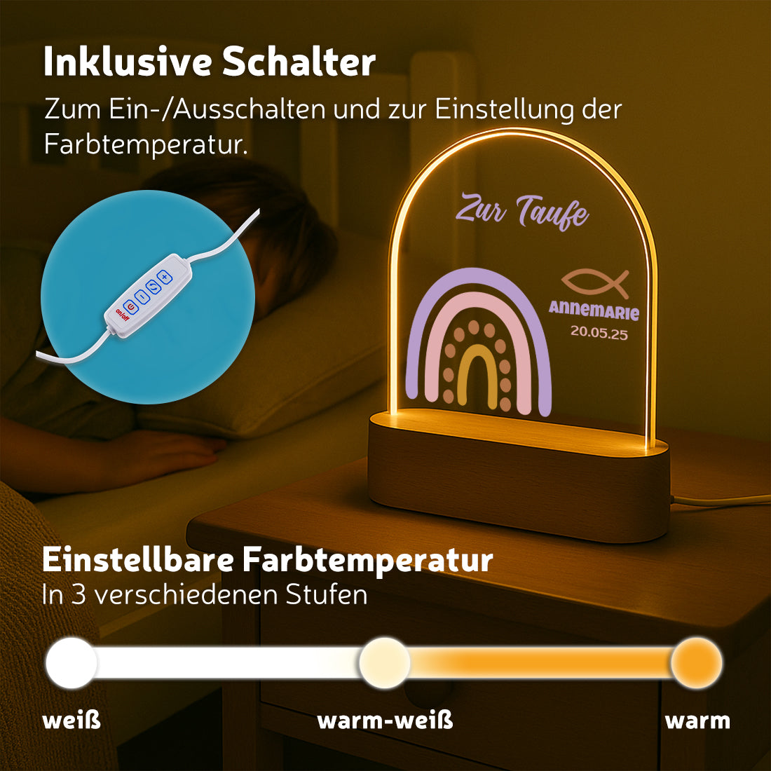 LED-Nachtlicht verschiedene Lichtmodi mit Motiv Boho-Regenbogen zur Taufe