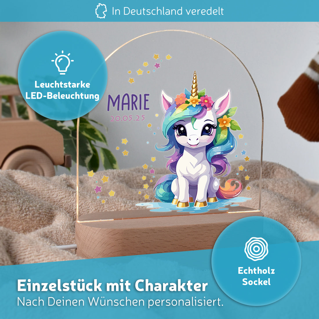 LED-Kinderzimmerlampe auf Echtholz-Sockel mit Motiv Einhorn