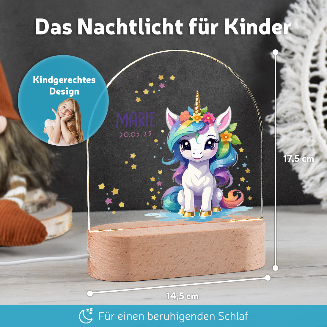 LED-Lampe im Kinderzimmer dekoriert mit Motiv Einhorn