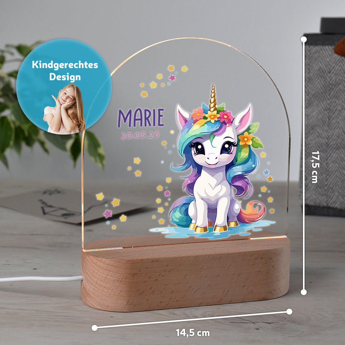 Personalisiertes Nachtlicht Größenangabe mit Motiv Einhorn