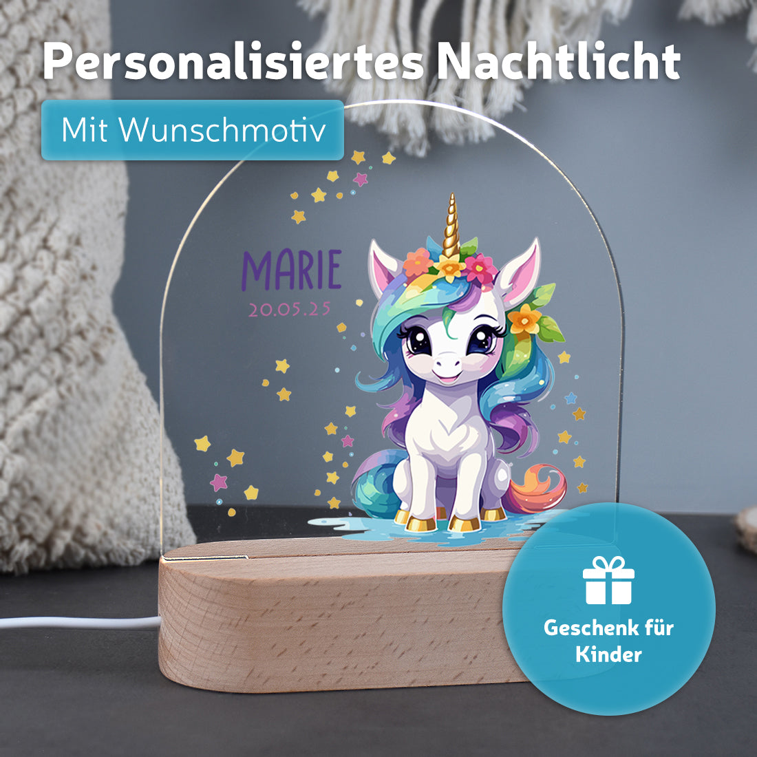 Nachtlicht mit individueller Namensgravur mit Motiv Einhorn