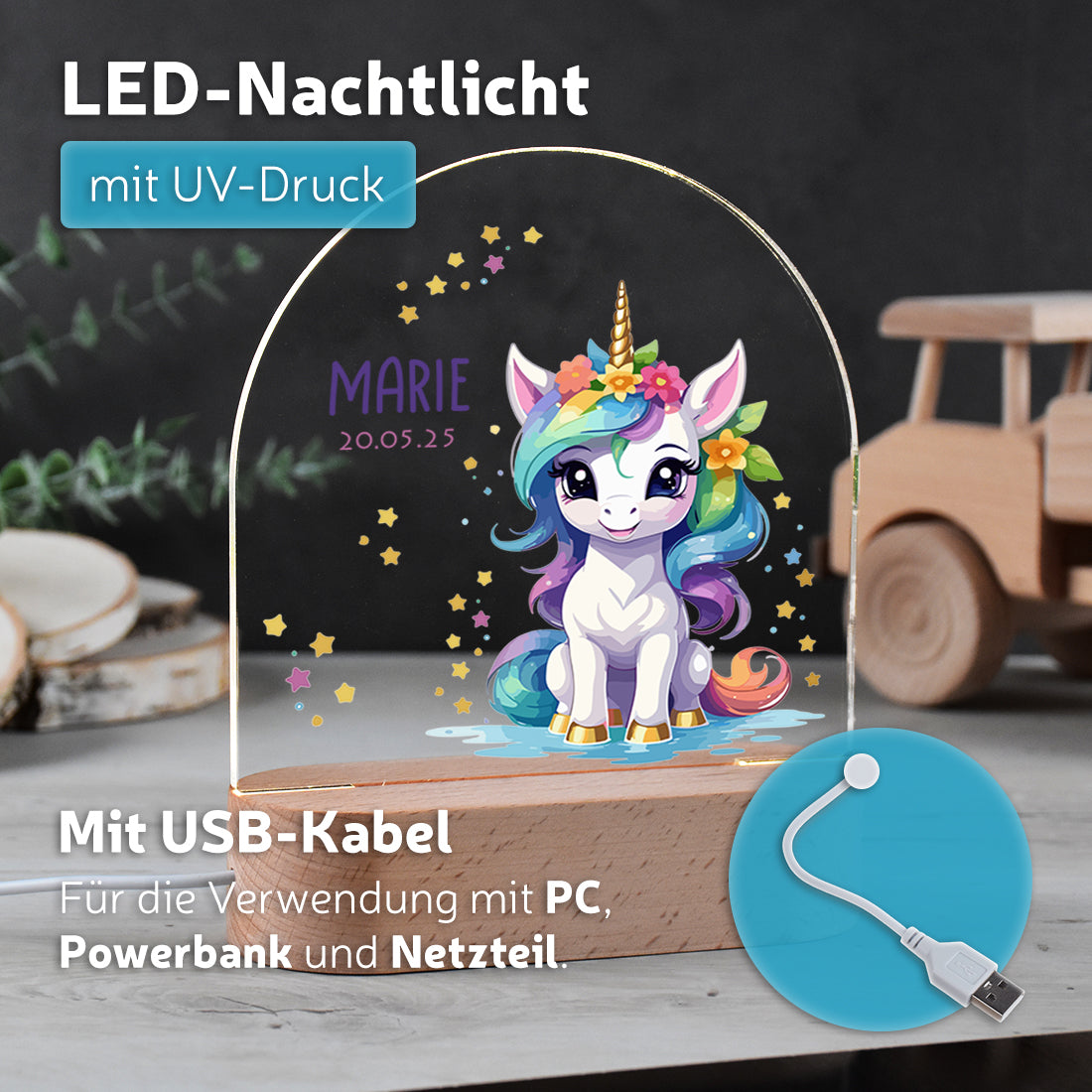 Nachtlicht UV Druck mit USB Kabel mit Motiv Einhorn 