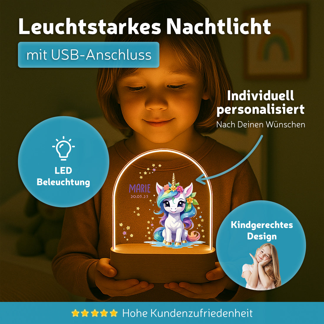 Personalisiertes Nachtlicht leuchtend mit Wunschmotiv Einhorn