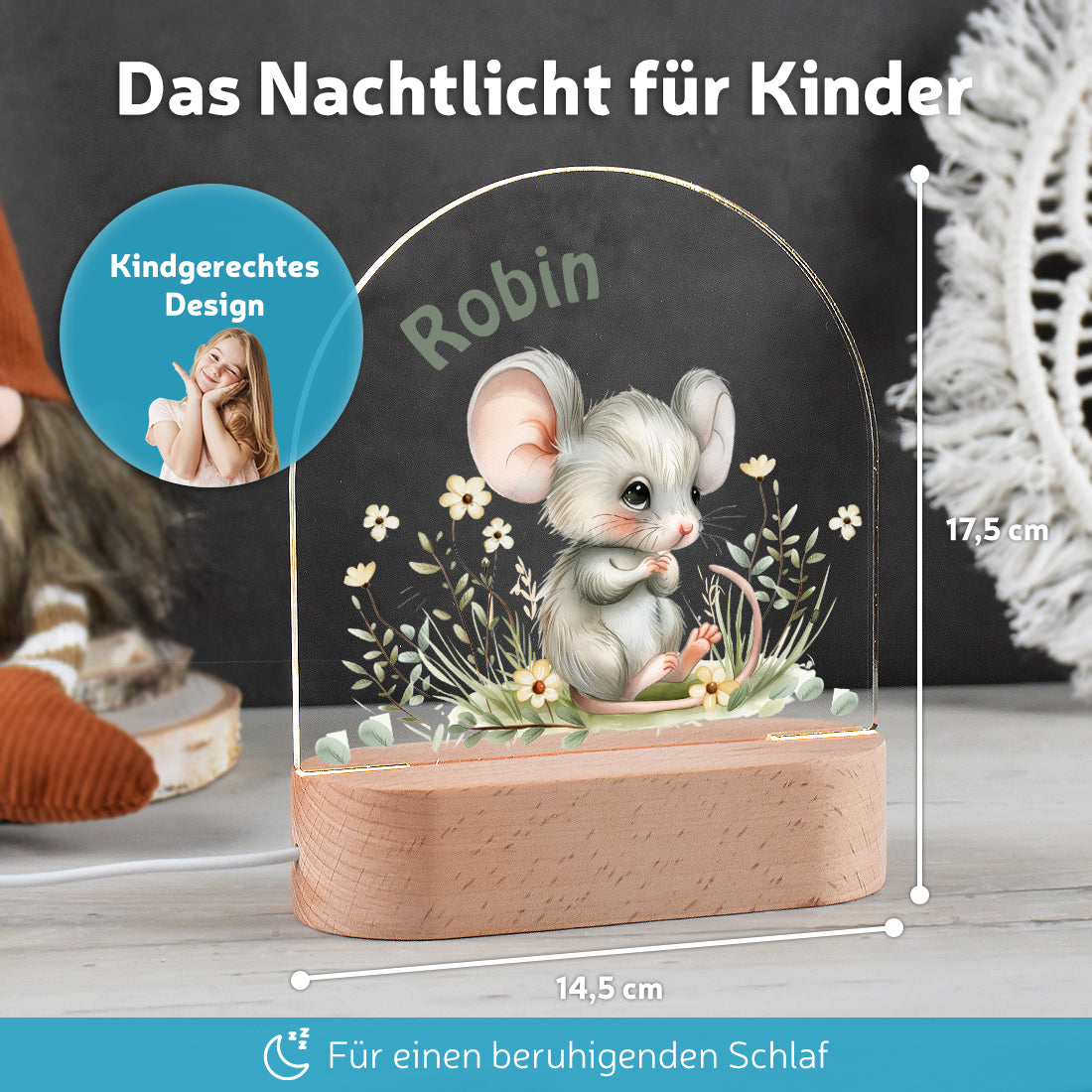 LED-Lampe im Kinderzimmer dekoriert mit Motiv Maus