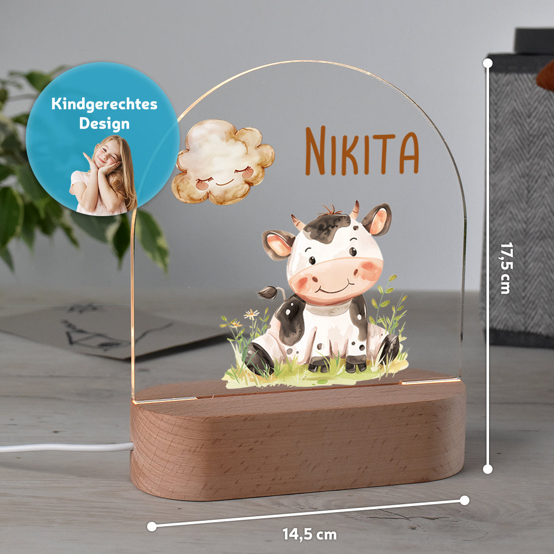 Personalisiertes Nachtlicht Größenangabe mit Motiv Kalb
