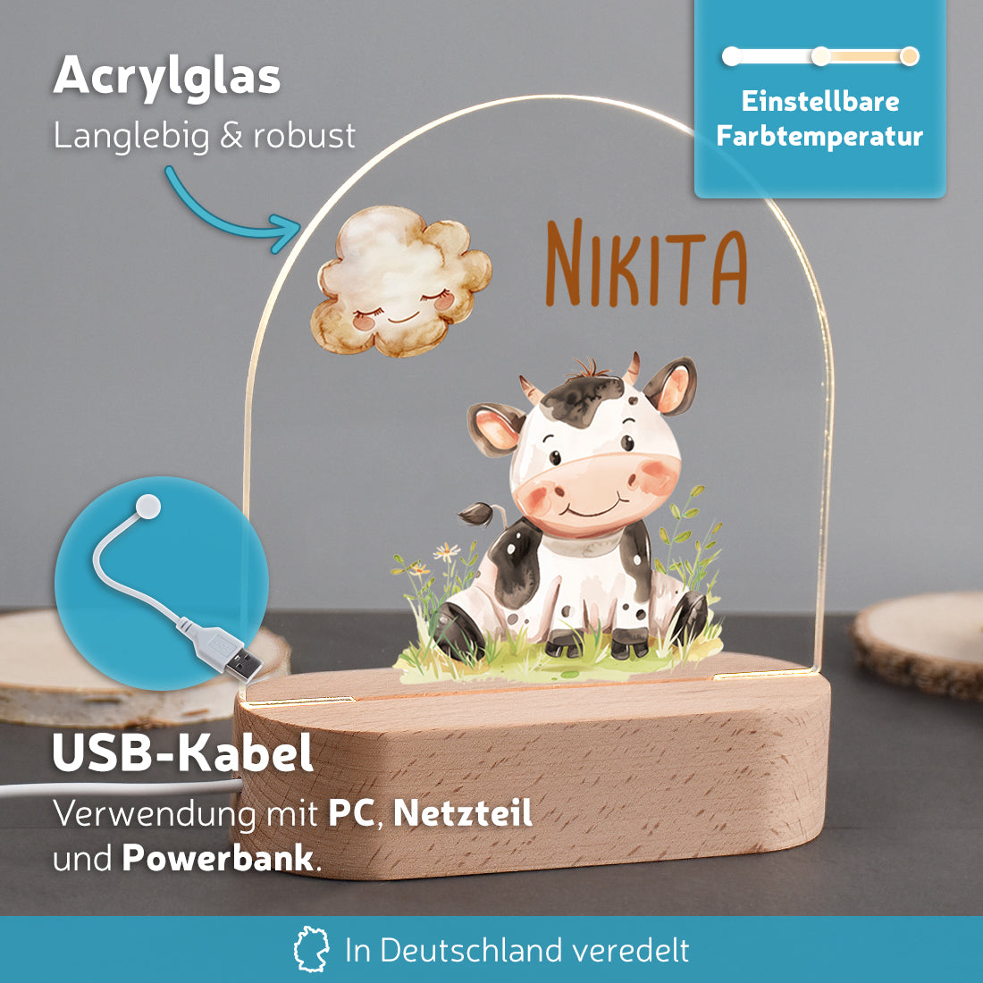 Personalisiertes LED-Nachtlicht Vorteile mit Motiv Kalb 