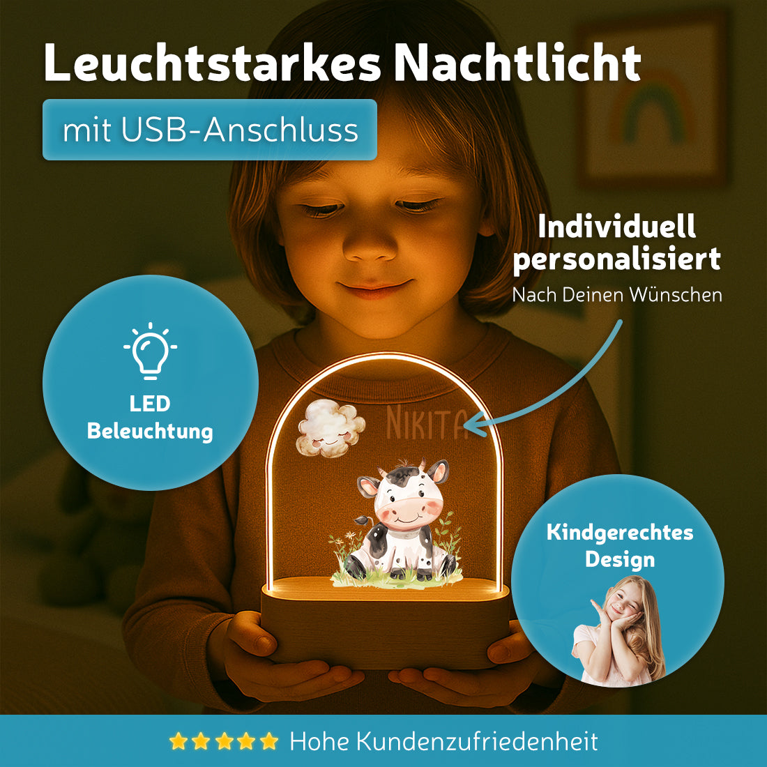 Personalisiertes Nachtlicht leuchtend mit Wunschmotiv Kalb 