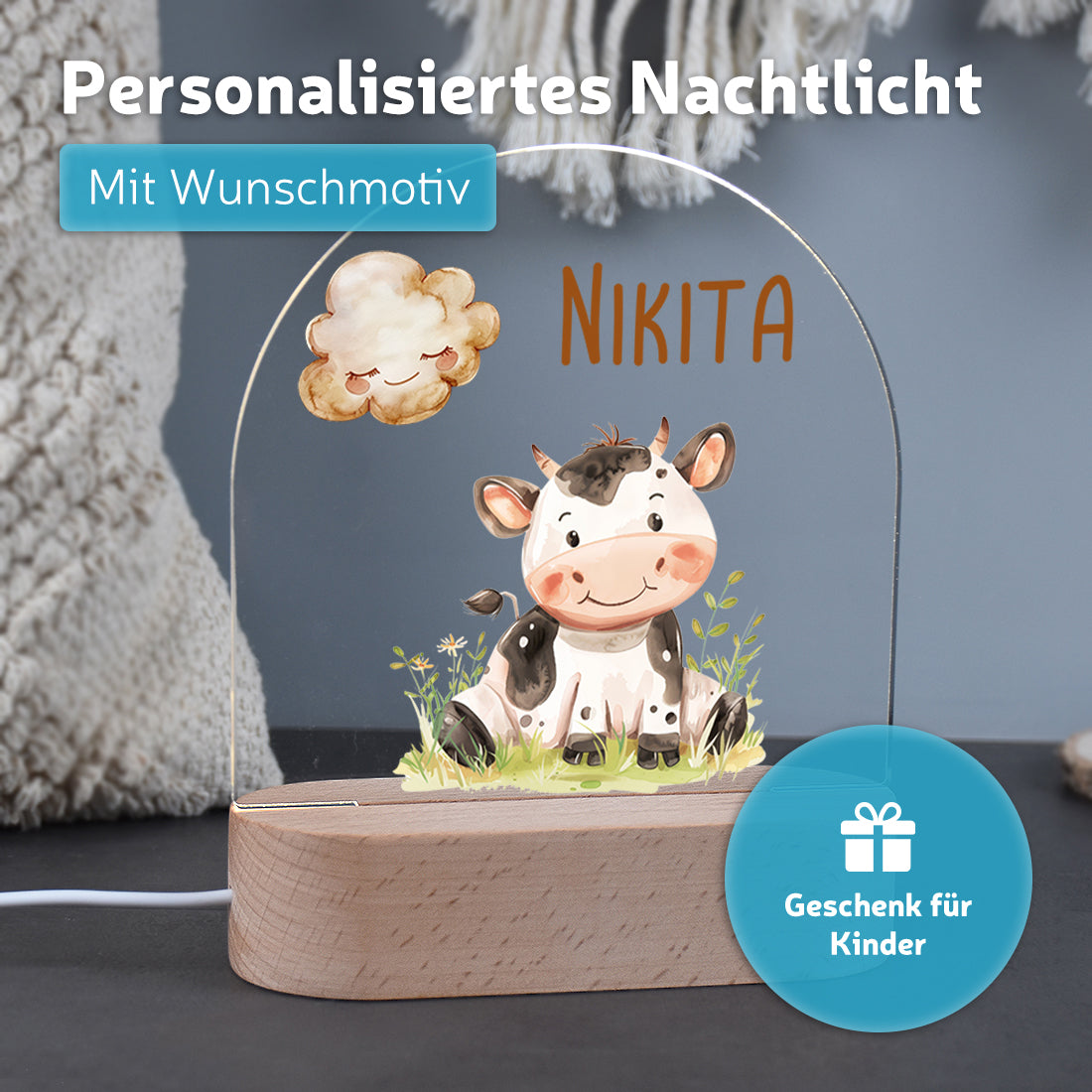 Nachtlicht mit individueller Namensgravur mit Motiv Kuh