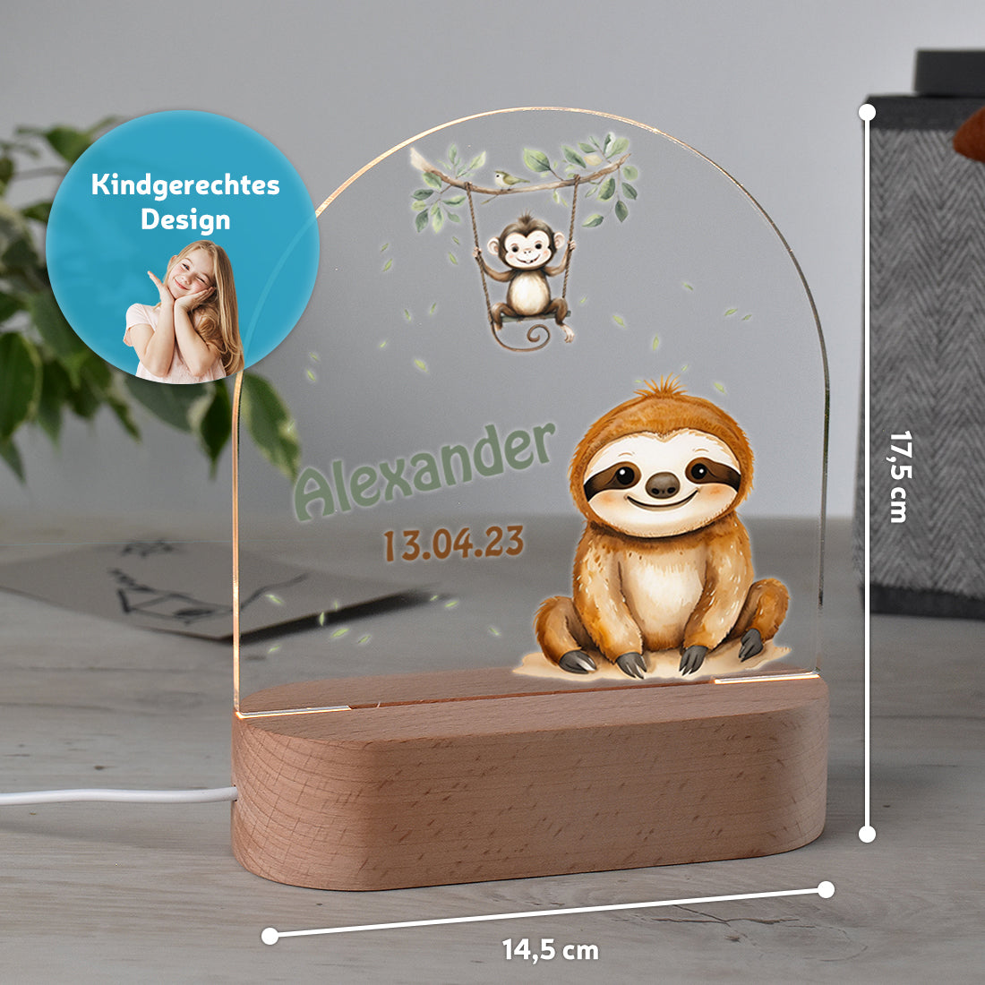 Personalisiertes Nachtlicht Größenangabe mit Motiv Faultier
