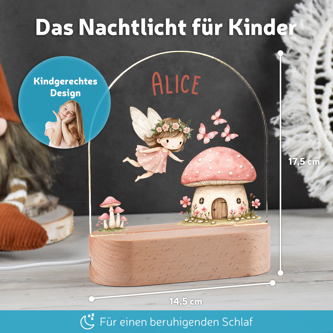 LED-Lampe im Kinderzimmer dekoriert mit Motiv Waldfee