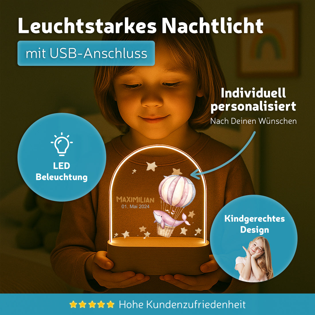 Personalisiertes Nachtlicht leuchtend mit Wunschmotiv Wal