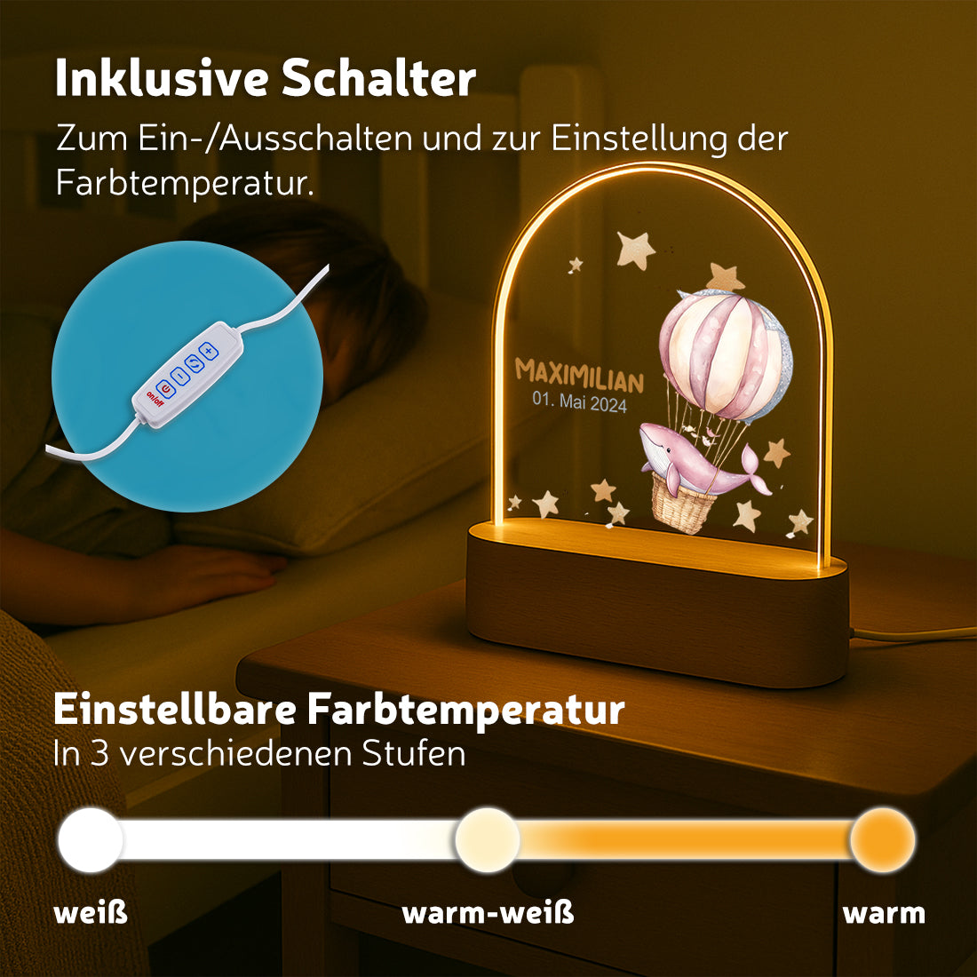 LED-Nachtlicht verschiedene Lichtmodi mit Motiv Wal