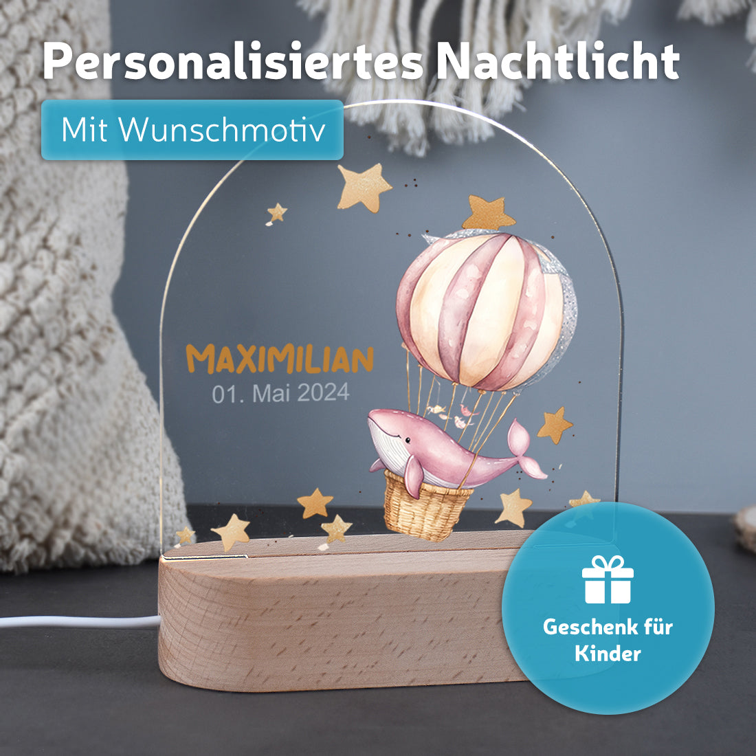 Nachtlicht mit individueller Namensgravur mit Motiv Wal