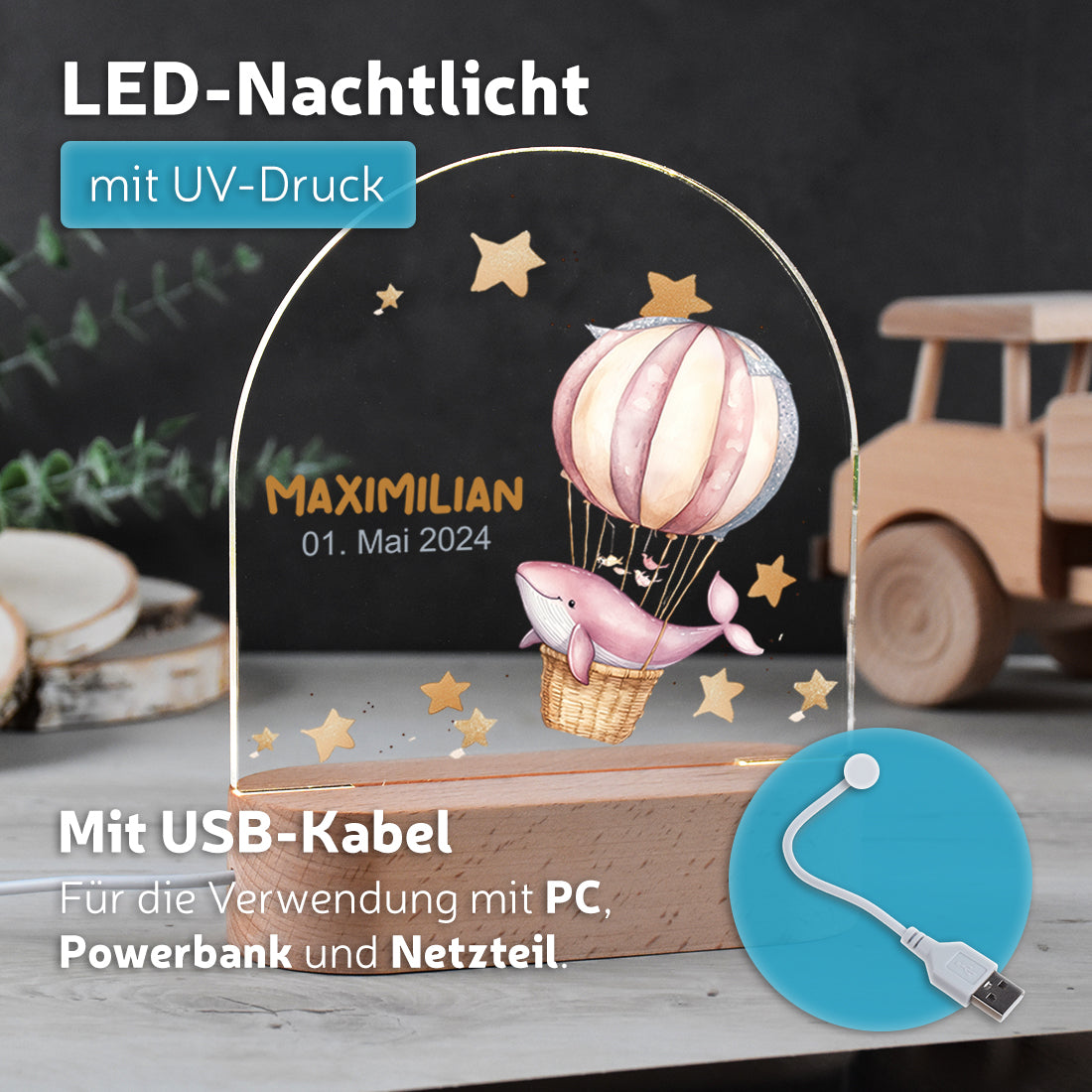 Nachtlicht UV Druck mit USB Kabel mit Motiv Wal