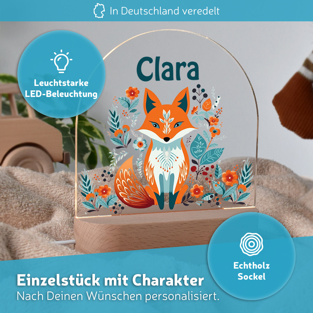 LED-Kinderzimmerlampe auf Echtholz-Sockel mit Motiv Fuchs