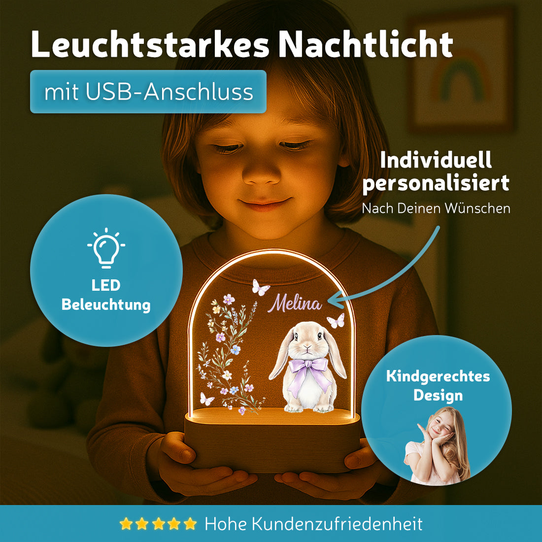 Personalisiertes Nachtlicht leuchtend mit Wunschmotiv Hase lila