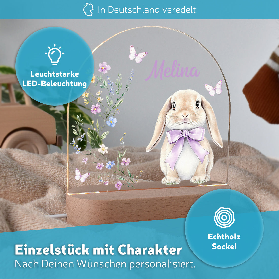 LED-Kinderzimmerlampe auf Echtholz-Sockel mit Motiv Hase lila