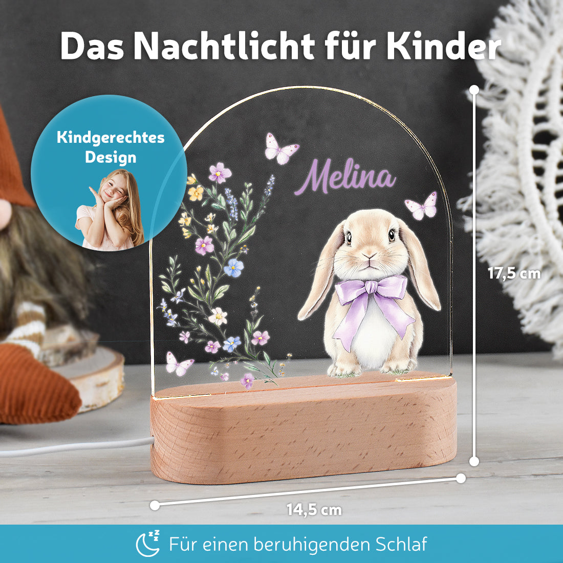 LED-Lampe im Kinderzimmer dekoriert mit Motiv Hase lila