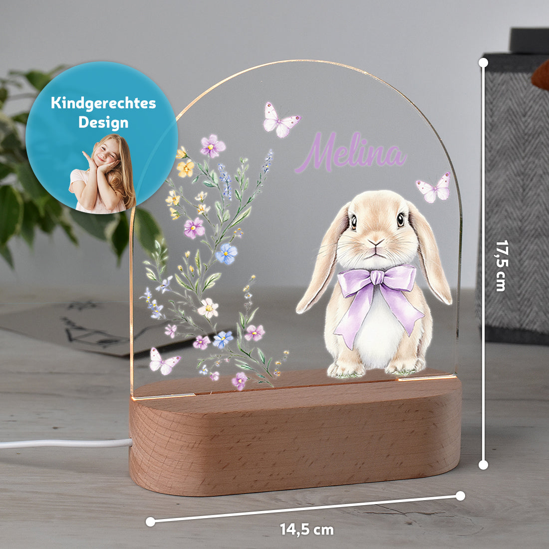 Personalisiertes Nachtlicht Größenangabe mit Motiv Hase lila