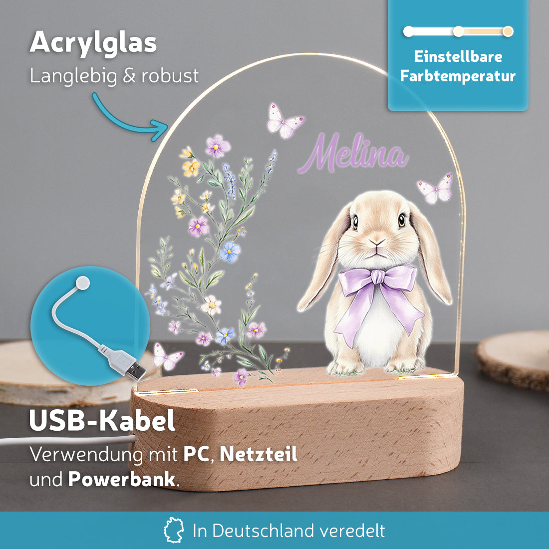 Personalisiertes LED-Nachtlicht Vorteile mit Motiv Hase lila