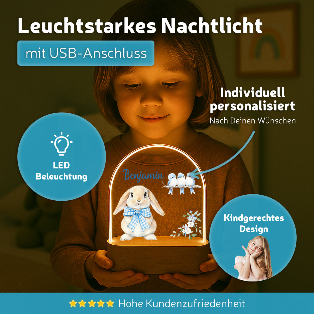 Personalisiertes Nachtlicht leuchtend mit Wunschmotiv Hase blau