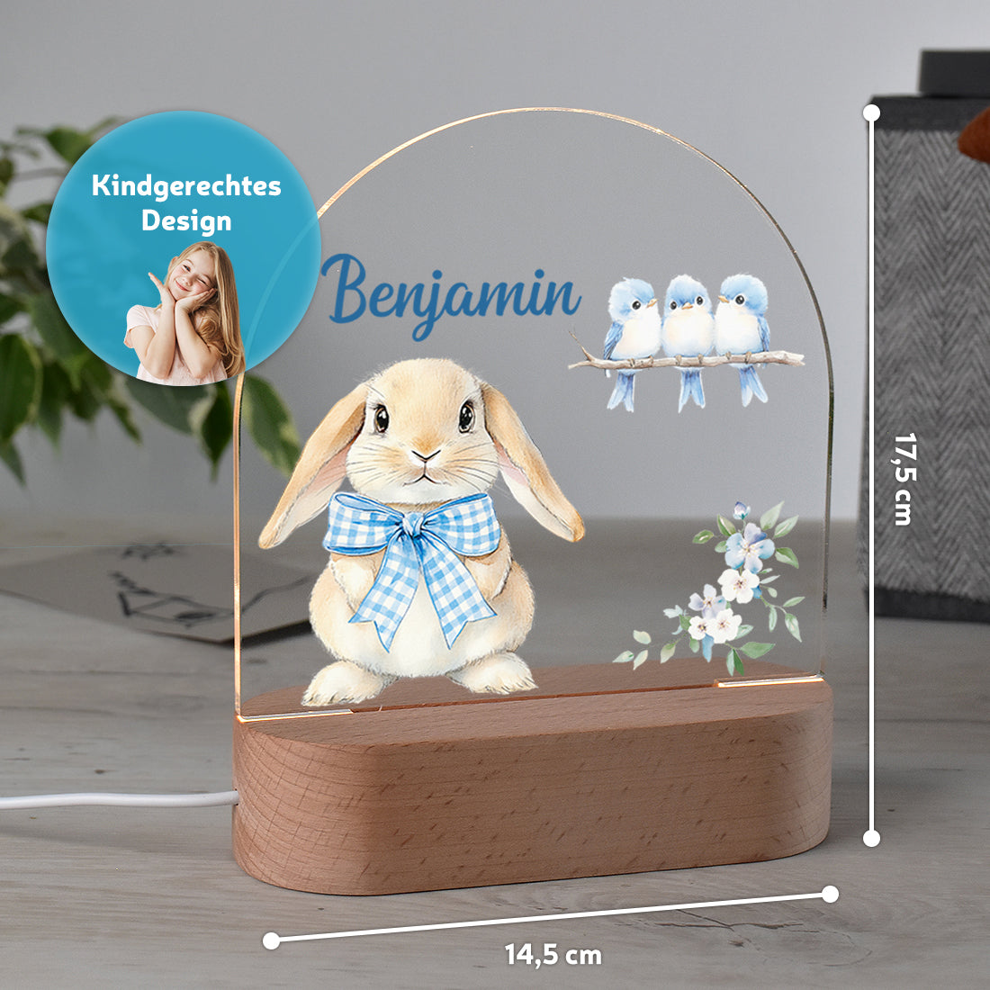Personalisiertes Nachtlicht Größenangabe mit Motiv Hase blau