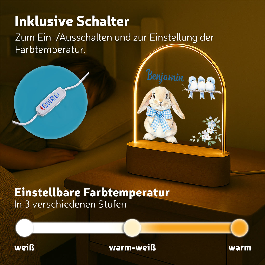 LED-Nachtlicht verschiedene Lichtmodi mit Motiv Hase blau