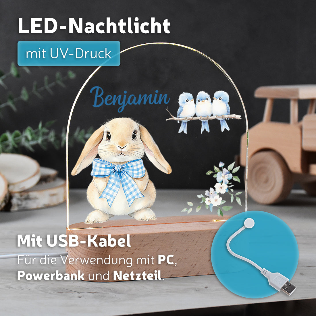 Nachtlicht UV Druck mit USB Kabel mit Motiv Hase blau