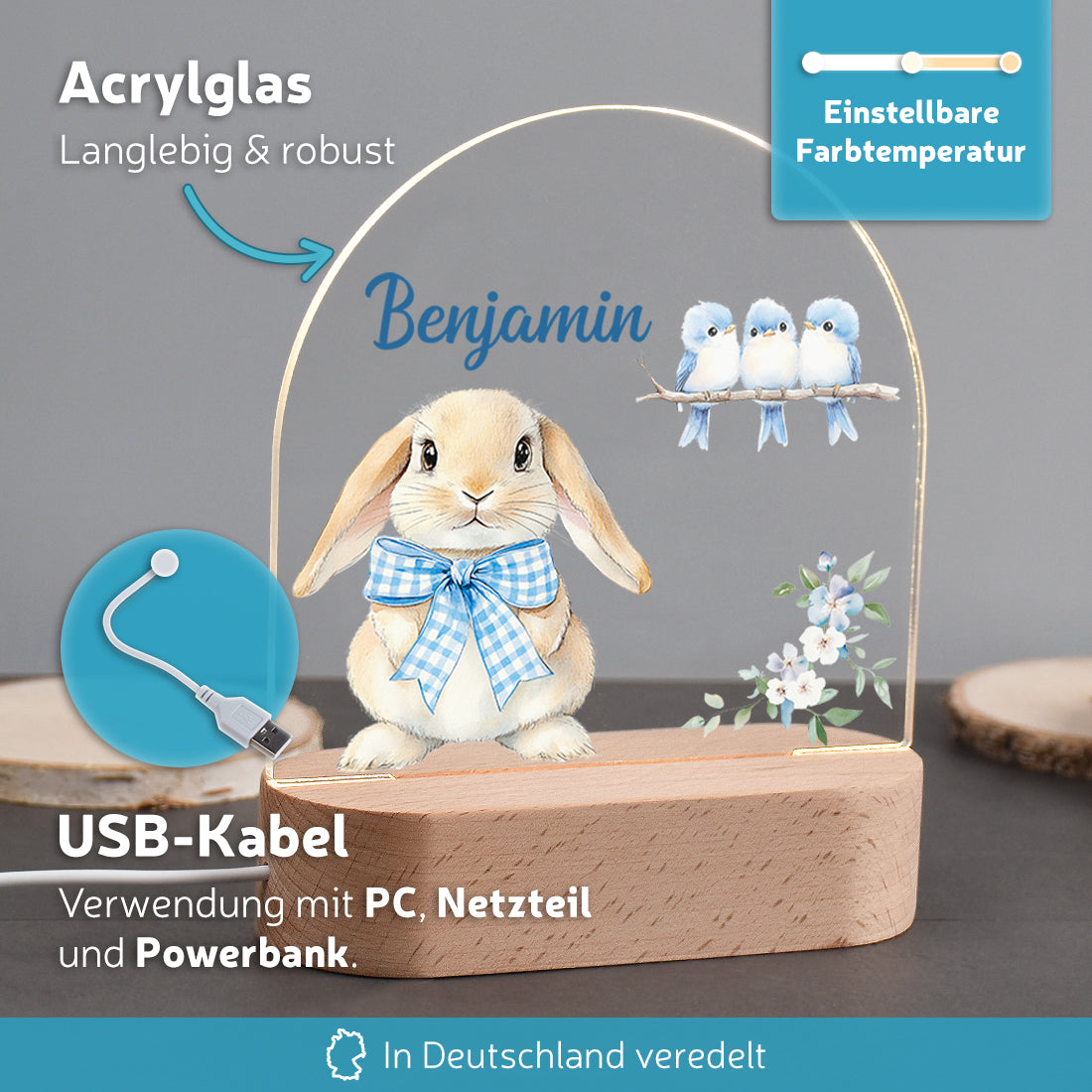 Personalisiertes LED-Nachtlicht Vorteile mit Motiv Hase blau