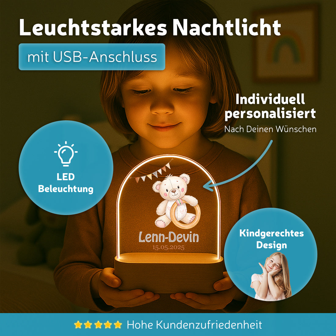 Personalisiertes Nachtlicht leuchtend mit Wunschmotiv Baby-Bär
