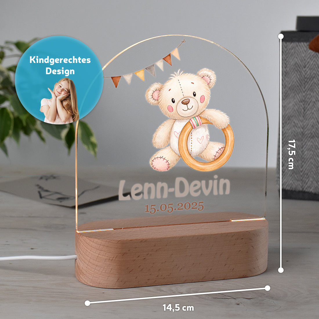 Personalisiertes Nachtlicht Größenangabe mit Motiv Baby-Bär