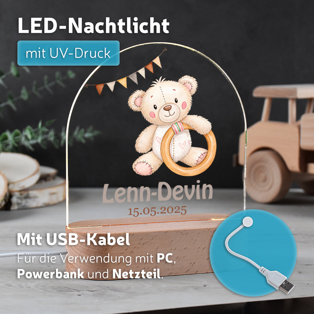 Nachtlicht UV Druck mit USB Kabel mit Motiv Baby-Bär