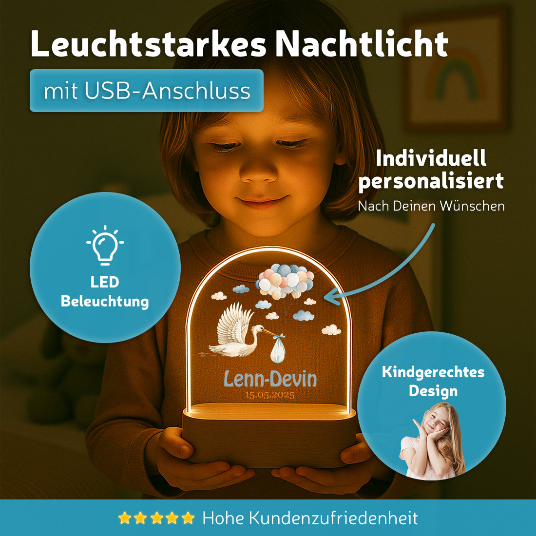Personalisiertes Nachtlicht leuchtend mit Wunschmotiv Storch