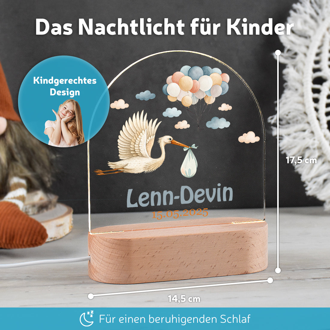 LED-Lampe im Kinderzimmer dekoriert mit Motiv Storch