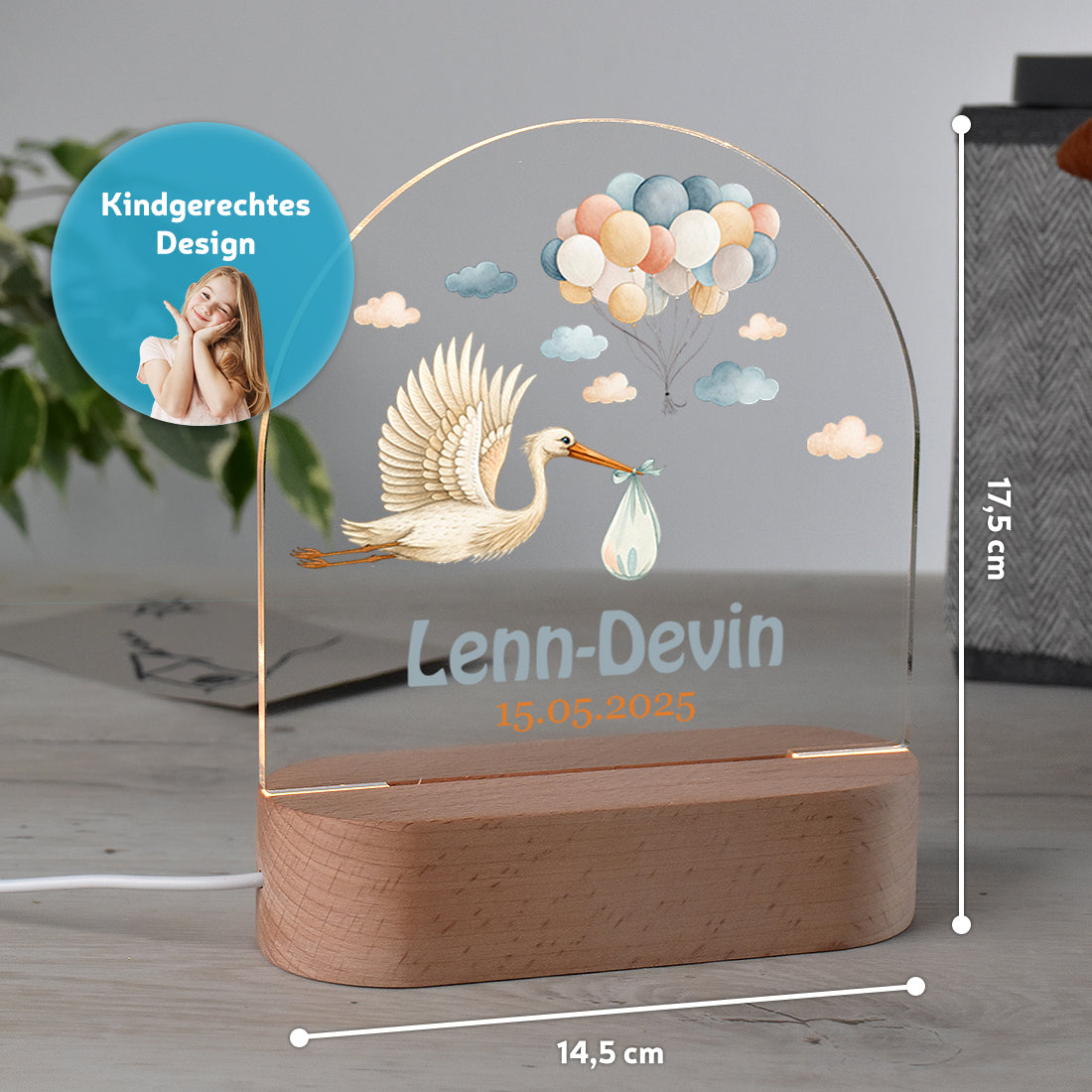 Personalisiertes Nachtlicht Größenangabe mit Motiv Storch