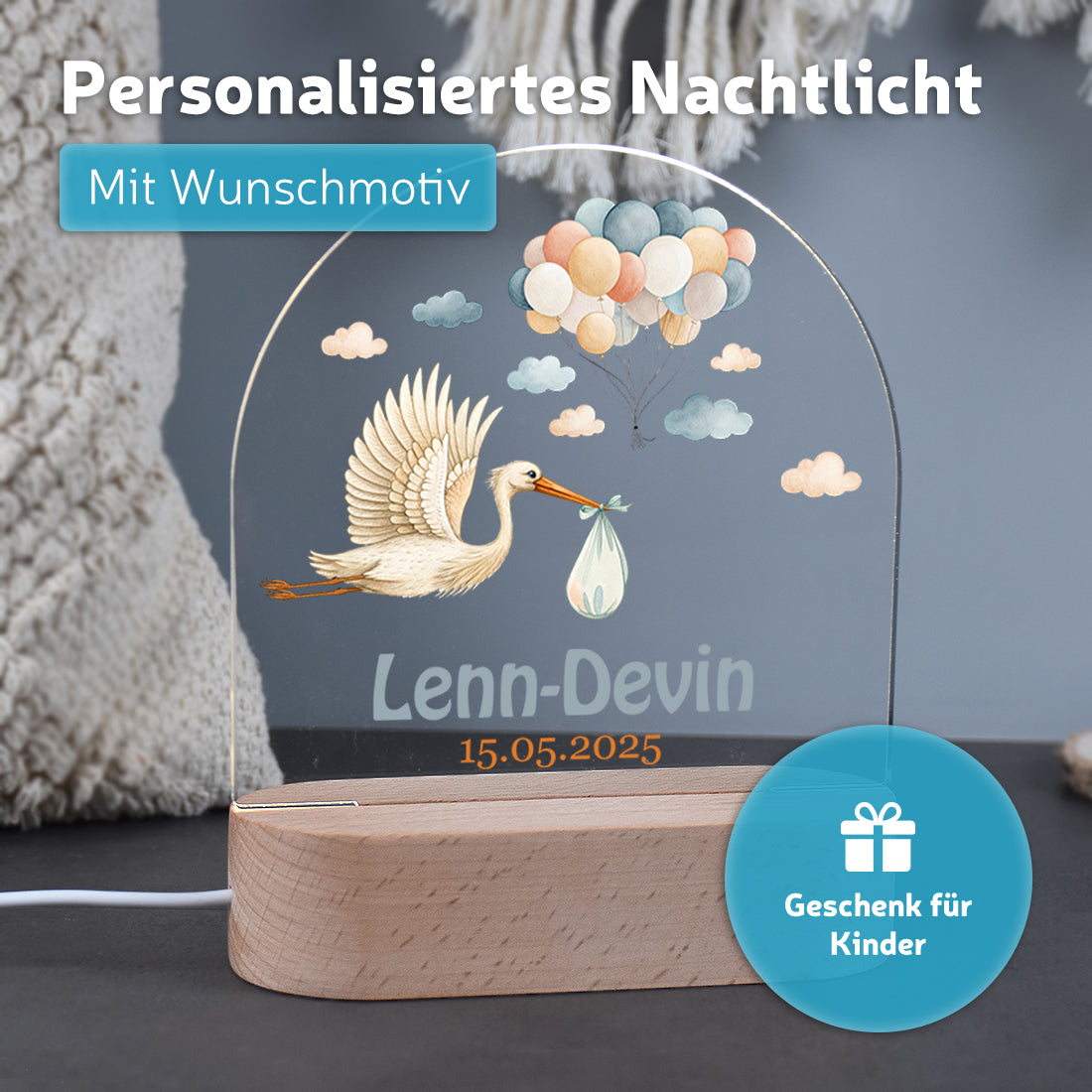 Nachtlicht mit individueller Namensgravur mit Motiv Storch