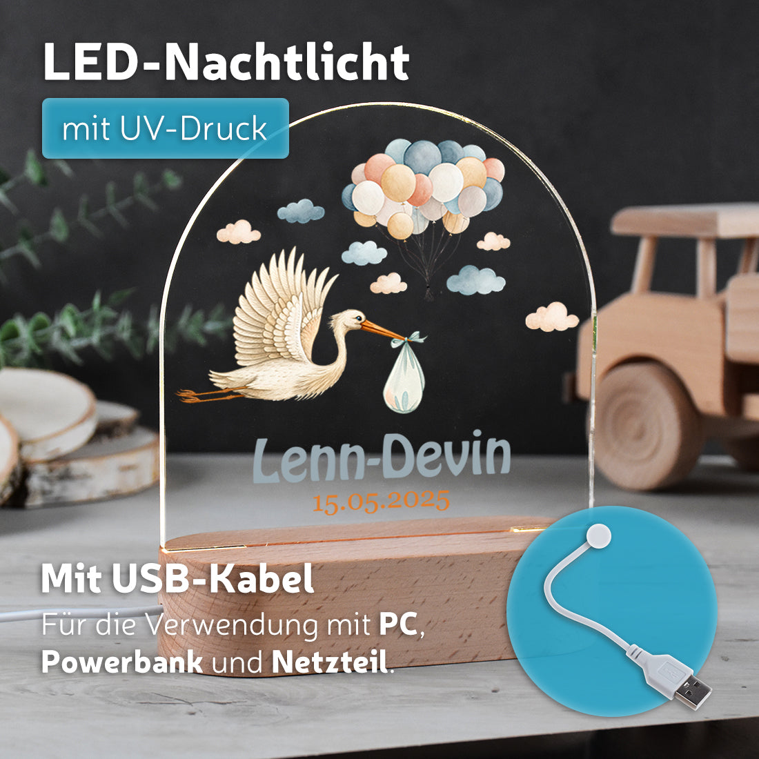 Nachtlicht UV Druck mit USB Kabel mit Motiv Storch