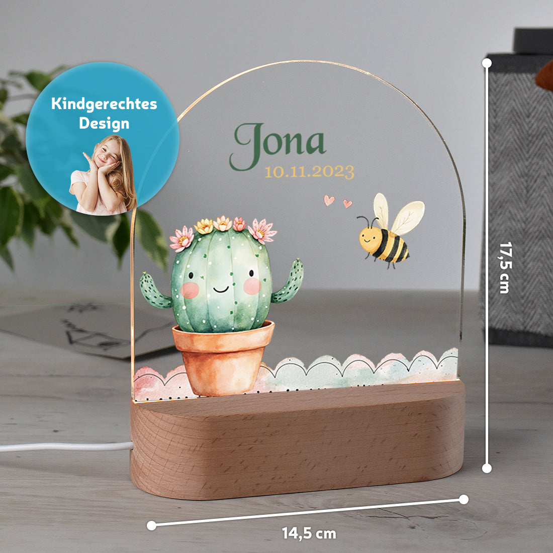 Personalisiertes Nachtlicht Größenangabe mit Motiv Kaktus