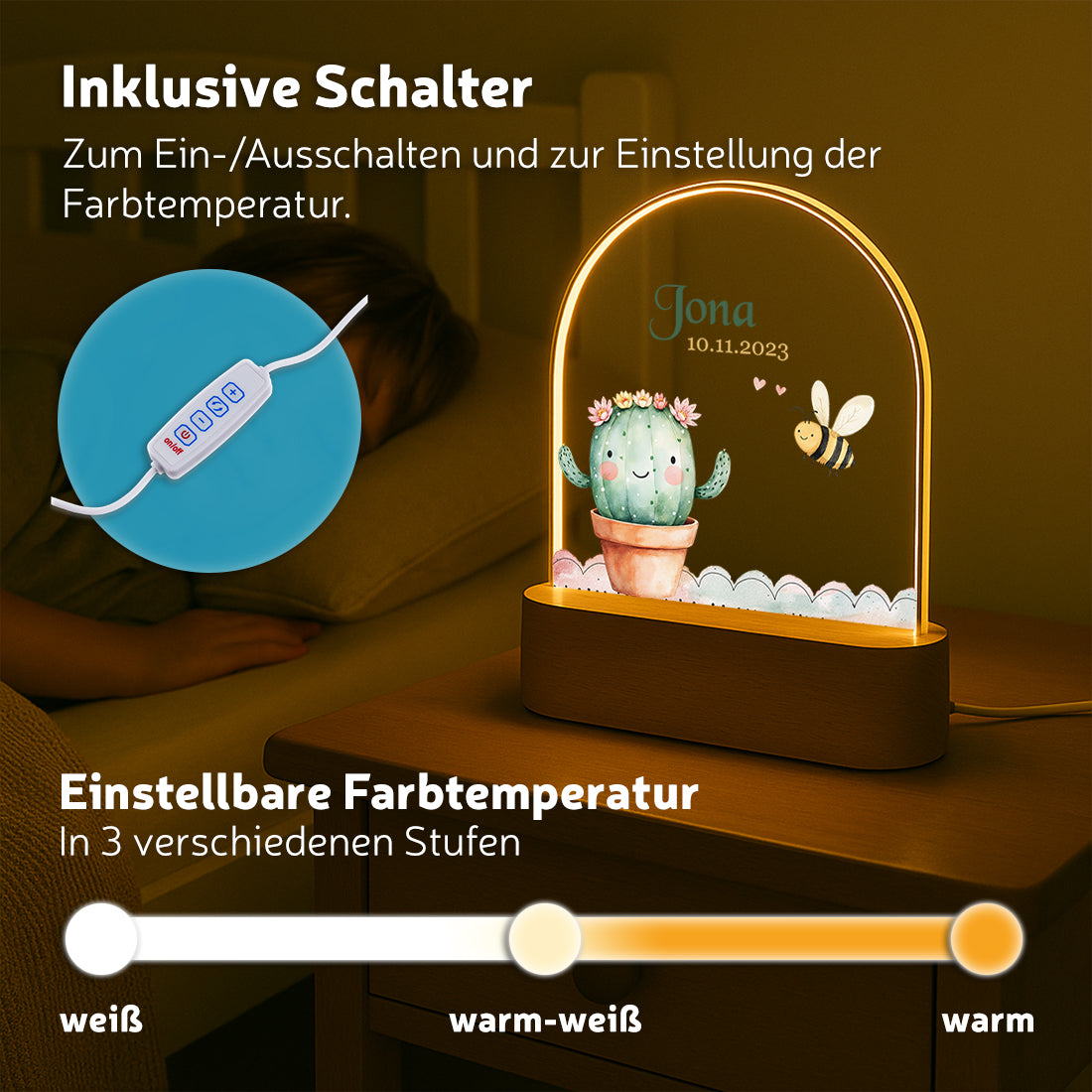 LED-Nachtlicht verschiedene Lichtmodi mit Motiv Kaktus