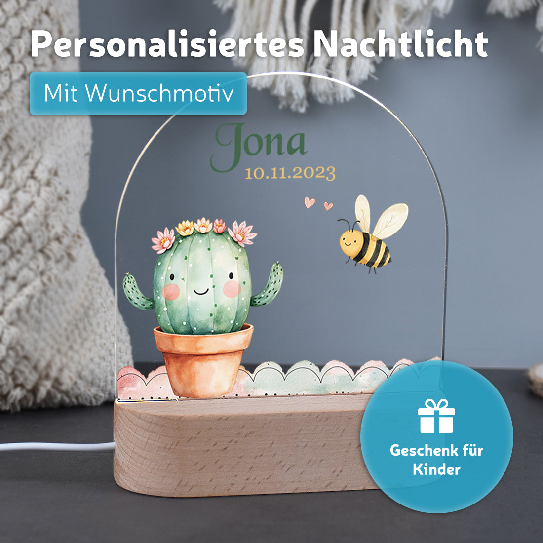 Nachtlicht mit individueller Namensgravur mit Motiv Kaktus