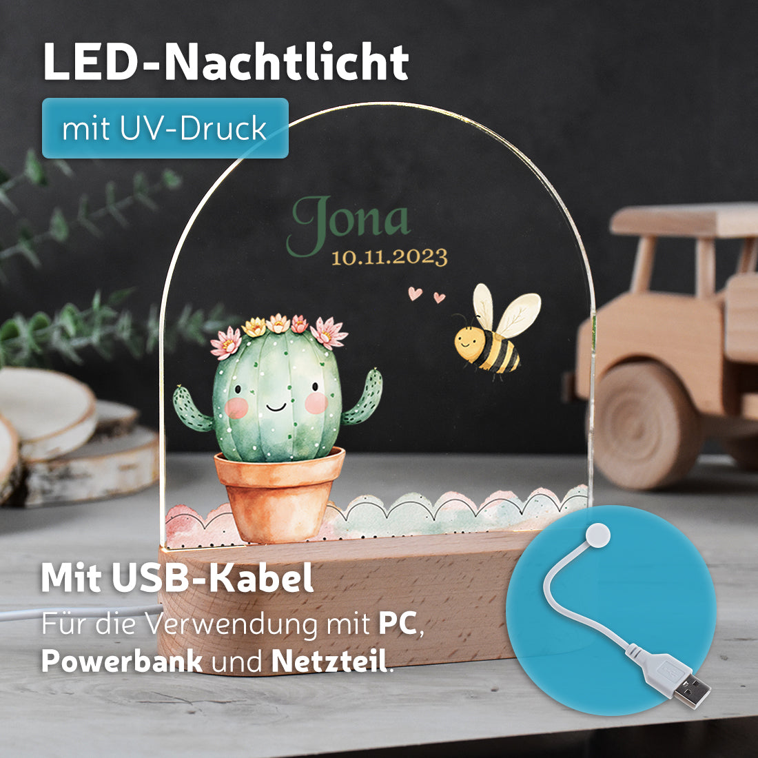 Nachtlicht UV Druck mit USB Kabel mit Motiv Kaktus
