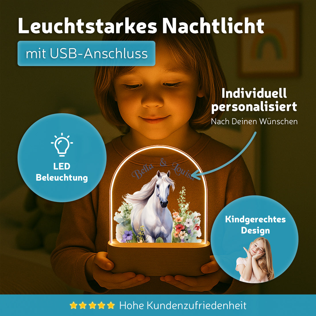 Personalisiertes Nachtlicht leuchtend mit Wunschmotiv Pferd