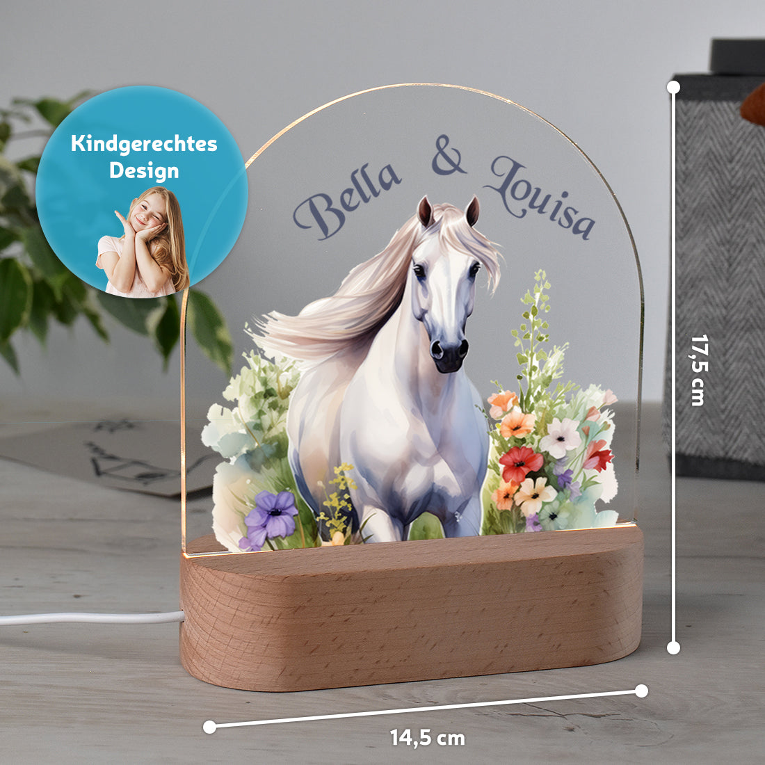 Personalisiertes Nachtlicht Größenangabe mit Motiv Pferd