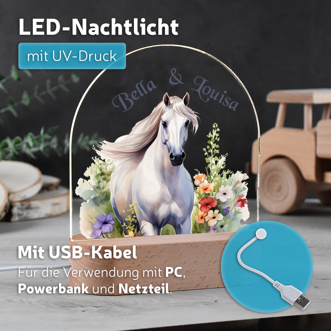 Nachtlicht UV Druck mit USB Kabel mit Motiv Pferd