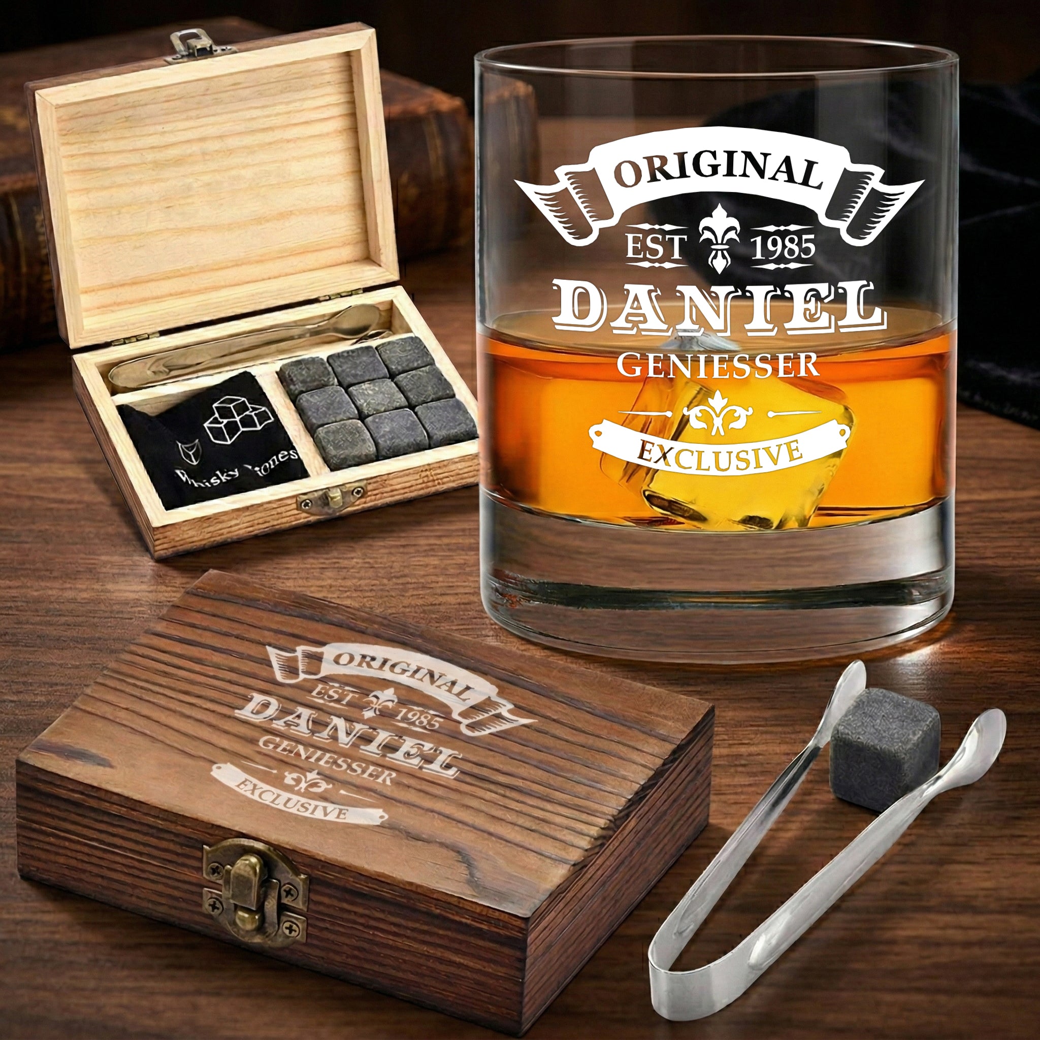 Whisky-Set 5-teilig mit Kühlsteine, Box und Glas - personalisiert